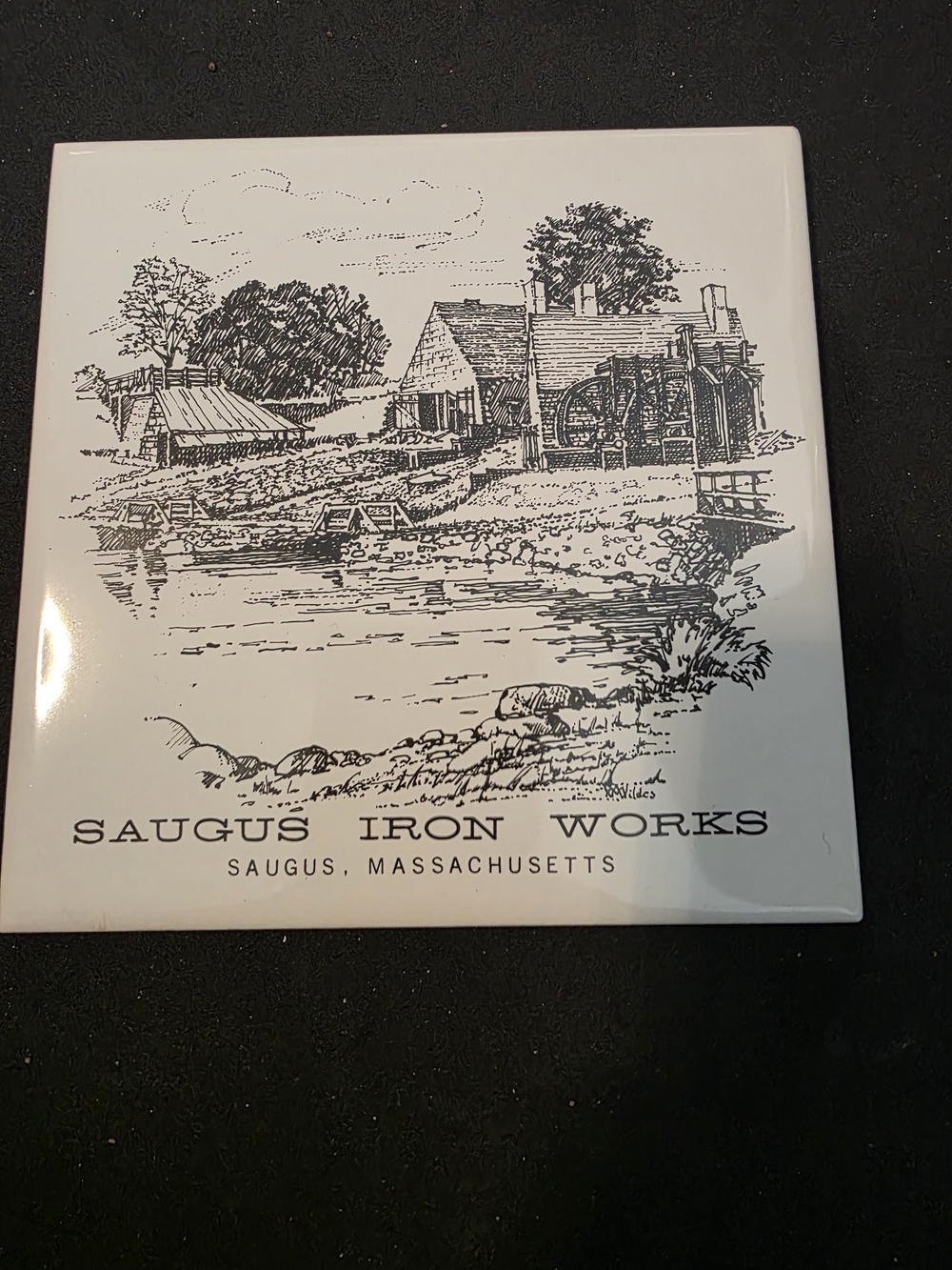 Saugus Iron Works Decorative Ceramic Tile - White with Black Illustration